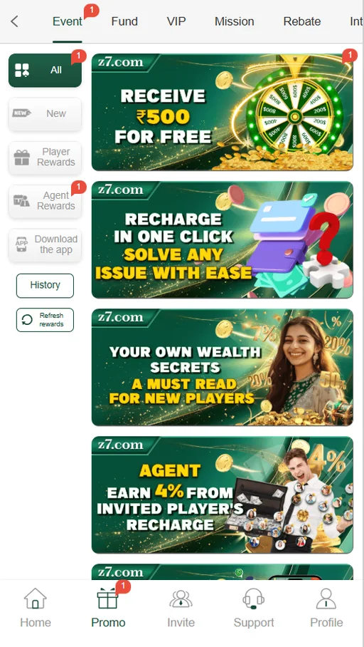 Z7 apk home screen showing games, bonuses and the main menu