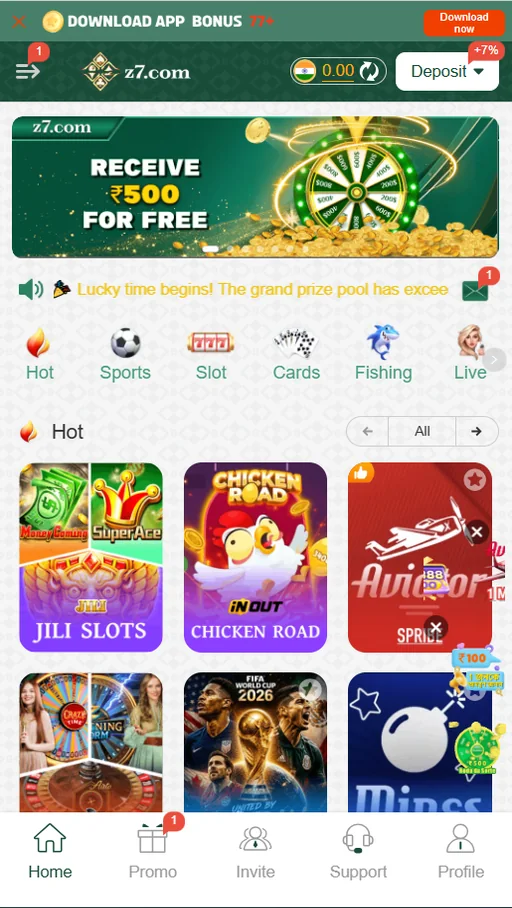 Z7 game apk slots section with popular reel titles